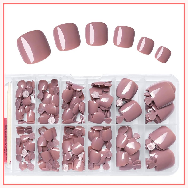 LuckForever 168pc Press on Toenails Women Fake Toe Nails with Glue Tabs, Coffee Fake Toenails Press on Nail Short Square Toe Nails Press ons Glue Toenail Feet False Artificial Acrylic Toe Nail Tips - Image 5
